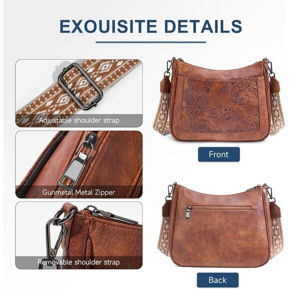 Vegan Leather Crossbody Bag with Embossed Flower Design Large Capacity Stylish - Picture 6 of 6